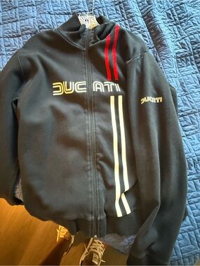 Ducati Men's Black Zip-Up Sweater with Red and White Stripes